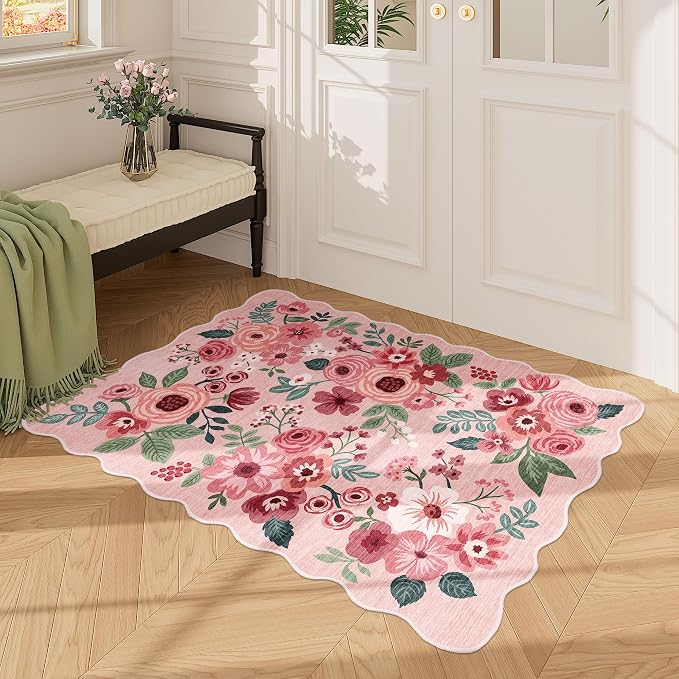 DUKINO 2x3 Entryway Rug, Floral Washable Indoor Door Mat with Non-Slip Backing, Soft Low Pile Small Front Door Throw Rugs for Entryway, Kitchen, Bedroom, Laundry, Bathroom,Pink