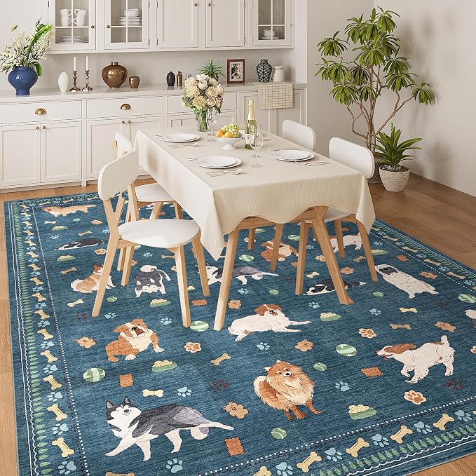DUKINO 8x10 Area Rug, Non Slip Washable Animal Dog Rug for Living Room, Stain Resistant & Low Pile Indoor Floor Large Carpet for Bedroom, Farmhouse, Nursery, Dining Room, Kids Playroom, Blue