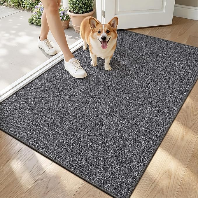 LUMI Ultra Thin Indoor Door Mat for Entrance 32"x48", Non Slip Entryway Mat, Low Profile Doormat, Unique Herringbone Design Carpet for Inside, Patio, Porch, Charcoal Gray