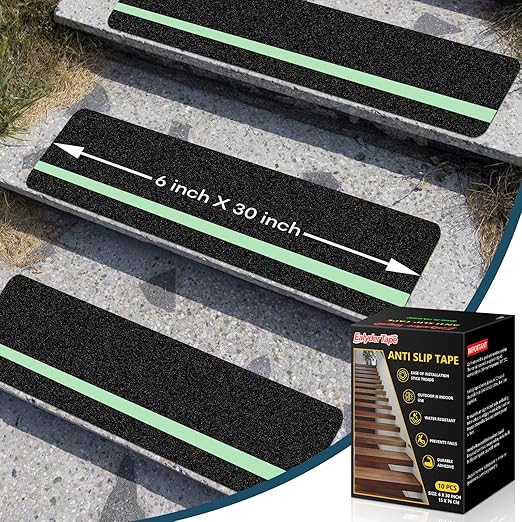 10 Pack 6” x 30” Anti Slip Traction Treads with Glow in The Dark Stripe, Outdoor Waterproof Non Skid Pre-Cut Tape with Roller, High Traction Friction Abrasive Adhesive for Stairs Step