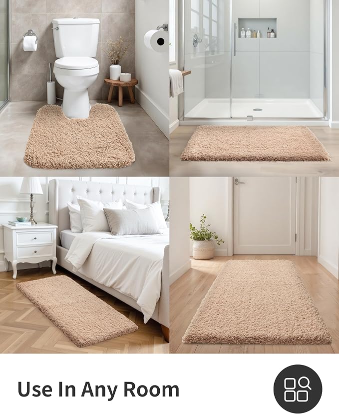 ILANGO Beige Bathroom Rugs 70" × 24" Non Slip & Super Absorbent Extra Thick Soft, Washable Bath Carpet Runner for Floor, Microfiber Plush Shaggy Bath Mats with Rubber for Bedroom Bathtub Shower Room