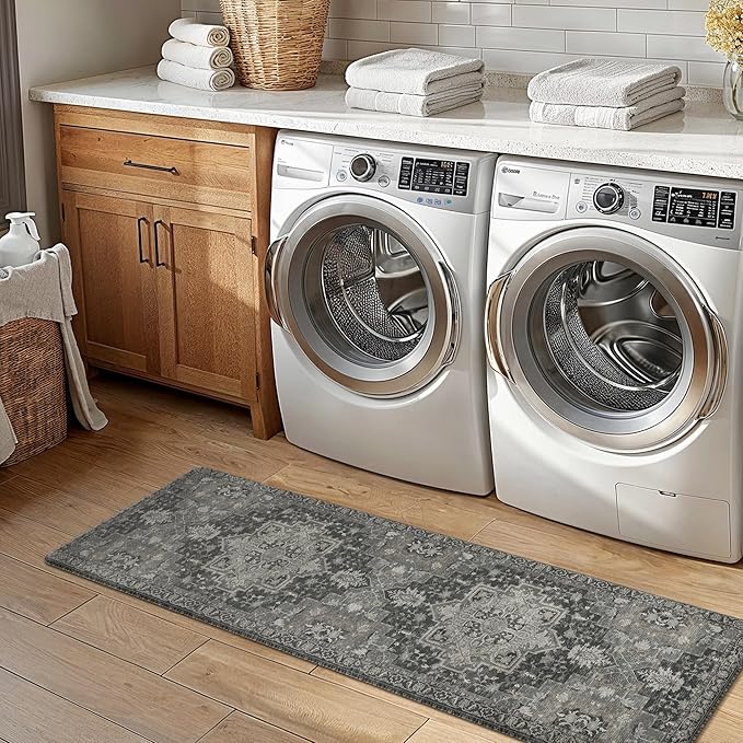 GENIMO Kitchen Mats for Floor, Washable Anti Fatigue Mat for Cushioned, 17.3"x59", Waterproof Kitchen Rugs, Non Slip Foam Comfort Standing Mat Rug for Home, Runner, Sink, Laundry, Dark Gray