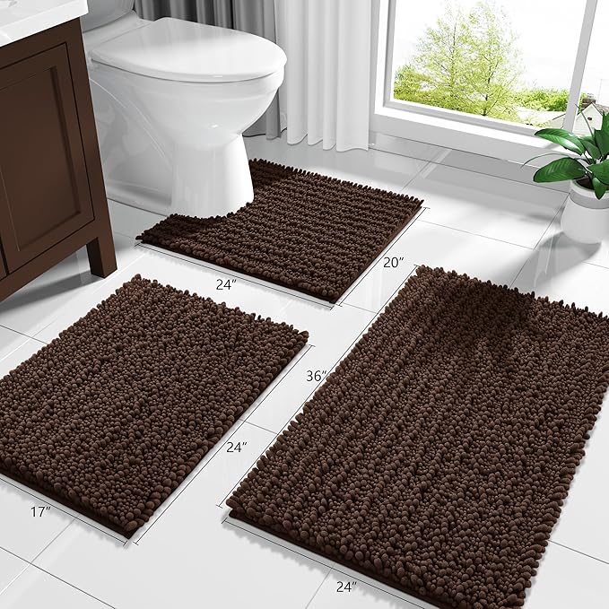 Yimobra Large Bathroom Rugs Non Slip Washable 36x24 Inch - Ultra Soft Absorbent Chenille Bath Mat, Quick Dry Shaggy Floor Carpet for Tub Shower, Brown Home Decor Accessories