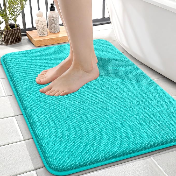 OLANLY Thick Memory Foam Small Bathroom Rugs 24x16, Extra Soft Absorbent Bathroom Mat, Quick Dry Bath Mats, Non-Slip, Machine Washable Carpet for Bathroom, Tub and Shower, Home Decor Accessories, Teal