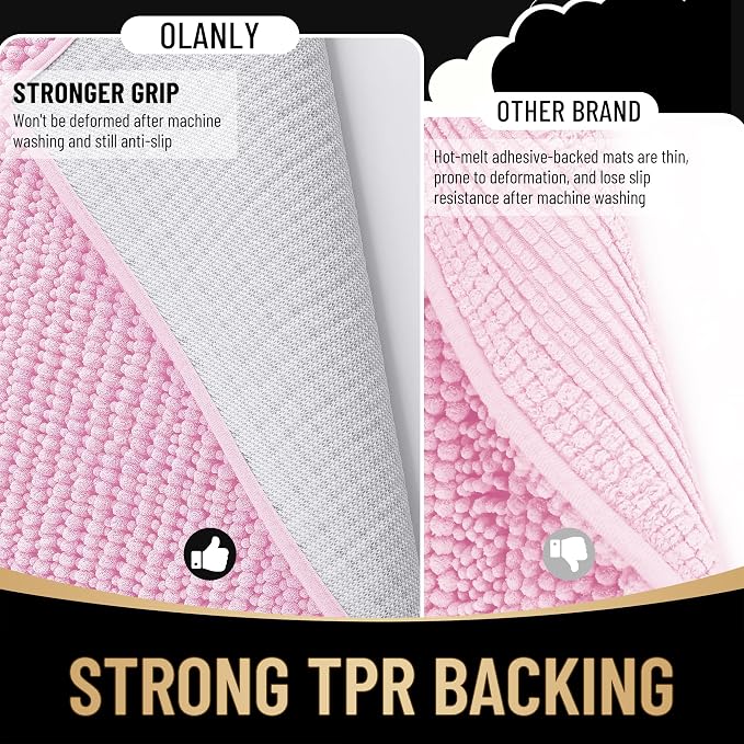 OLANLY Thick Bathroom Rugs 30x20, Extra Soft Absorbent Chenille Bath Rugs, Rubber Backing, Machine Wash Dry, Bath Mats for Bathroom Floor, Tub and Shower, Home Decor Accessories, Pink