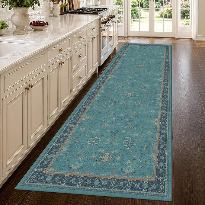Hazo Haus Teal 10ft Long Hallway Runner Rug - 3 x 10 Runner Rug, Boho Washable 3x10 Kitchen Floor Mat - Vintage Eclectic Boho Design Décor