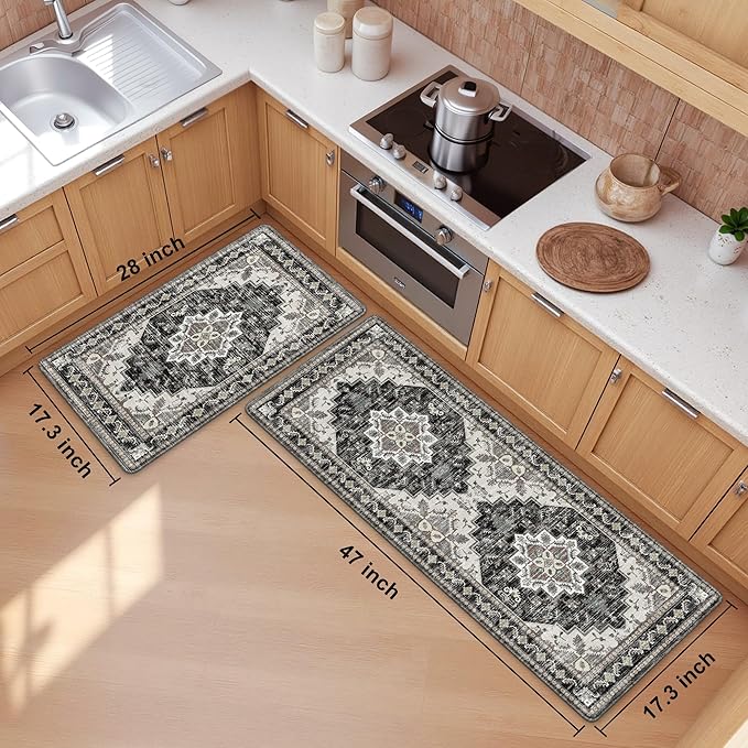 Boho Kitchen Mats for Floor 2 Piece Set Anti Fatigue Cushioned PVC Kitchen Rugs Non Slip Waterproof Farmhouse Mats 2/5 Inch Comfort Standing Mat for Laundry, 17.3"x47"+17.3"x28", Black Brown Grey