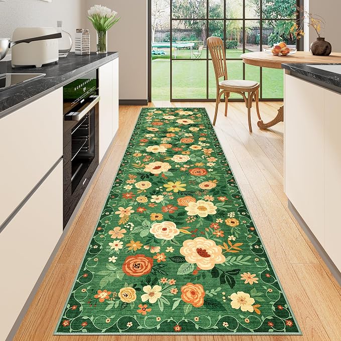 DUKINO Runner Rug for Hallway, 2.6x10 Washable Floral Long Kitchen Rug with Non Slip Backing, Lightweight & Stain Resistant Runners for Indoor Entrance, Laundry, Living Room, Bedroom, Dark Green