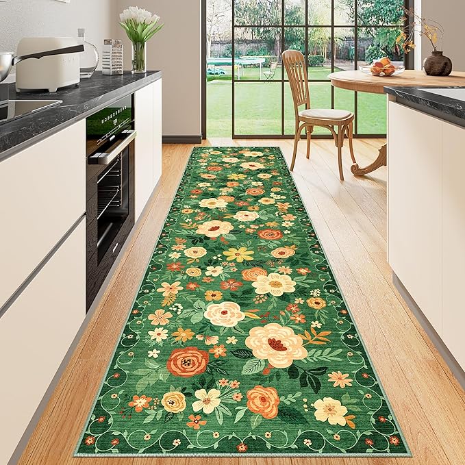DUKINO Runner Rug for Hallway, 2.6x10 Washable Floral Long Kitchen Rug with Non Slip Backing, Lightweight & Stain Resistant Runners for Indoor Entrance, Laundry, Living Room, Bedroom, Dark Green