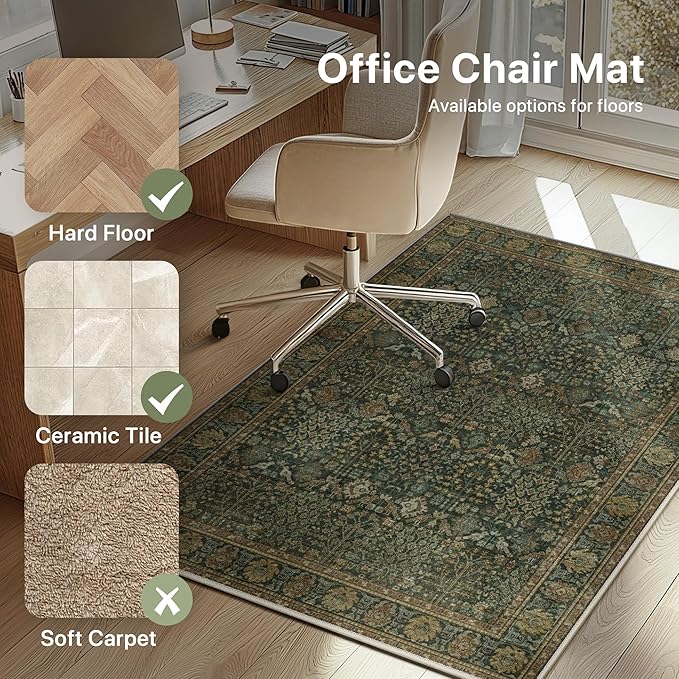 48"x60" Office Chair Mat for Hardwood Tile Floor, Under Desk Carpet Protector for Rolling Computer Chair Mat, Machine Washable Area Rug, Anti-Slip 1/5" Thick Low Pile Thin Vinyl Floor Mat, Dark Brown