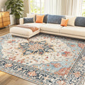 RELEANY Area Rugs 7'x10' Washable Non-Slip, Floral Vintage Distress Medallion Carpet for Living Room Bedroom Dining Room, Beige Navy Blue Orange Colorful