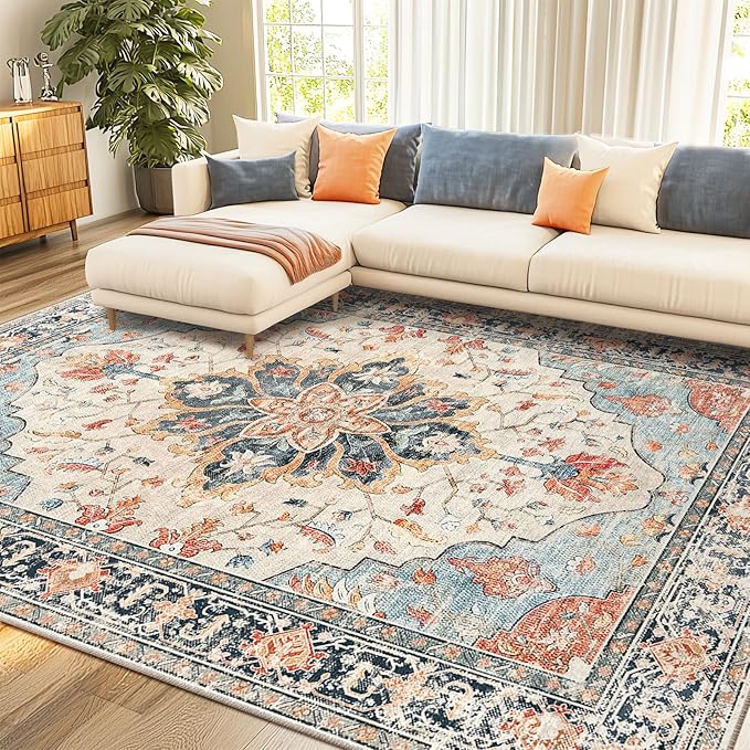 RELEANY Area Rugs 8'x10' Washable Non-Slip, Floral Vintage Distress Medallion Carpet for Living Room Bedroom Dining Room, Beige Navy Blue Orange Colorful