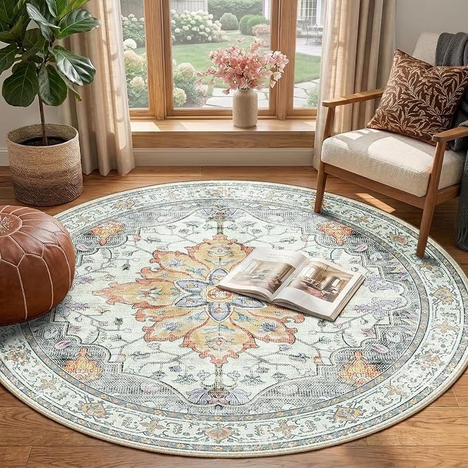 RELEANY Area Rugs Round 4ft Washable Non-Slip, Floral Vintage Distress Medallion Carpet for Living Room Bedroom Dining Room, Beige Carbon Grey Orange