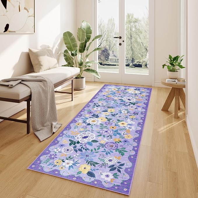 DUKINO Runner Rug, 2x10 Kitchen Hallway Carpet, Washable with Non-Slip Backing, Low Pile Soft Boho Floral for Entryway, Laundry, Bedroom, Purple