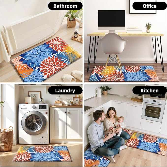 Arenarug Kitchen Mats for Floor 2PCS Cushioned Anti Fatigue Kitchen Mats Waterproof Non Slip Kitchen Mat Rug Set Comfort Foam Standing Mat for Sink, Laundry, Office,17.3" x 28" + 17.3" x 59", Red Blue