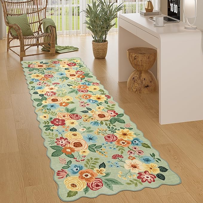 DUKINO 2x6 Runner Rug for Hallway, Washable Kitchen Rug with Non Slip Backing & Non-Shediing, Soft Low Pile Floral Design Runner for Bedroom, Kithchen, Living Room, Laundry, Bathroom, Green