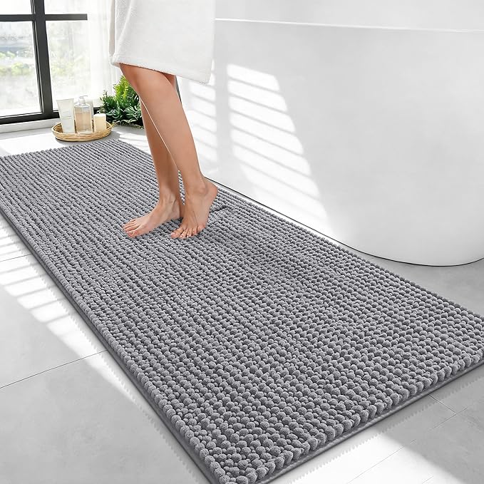 OLANLY Thick Bathroom Runner Rugs 47x24, Extra Soft Absorbent Chenille Bath Rugs, Rubber Backing, Machine Wash Dry, Long Bath Mats for Bathroom Floor, Tub and Shower, Home Decor Accessories, Grey
