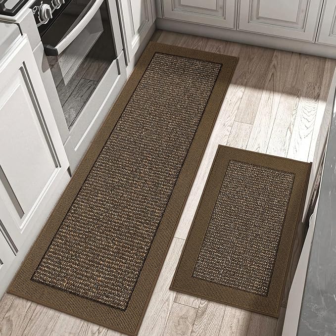 BEQHAUSE Kitchen Rugs and Mats Set of 2 Non-Slip Kitchen Mats for Floor, Absorbent and Stain Resistant Kitchen Runner, Machine Washable Rugs for Kitchen, Laundry & Sink, 20"x32"+20"x48", Brown