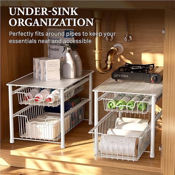 Simple Houseware Stackable Sliding Basket Organizer Drawer, White, 2-Tier