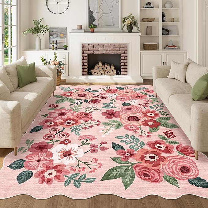 DUKINO 5x7 Area Rug, Floral Washable Rugs for Living Room with Non Slip Backing & Non-Shedding, Lightwight Low Pile Boho Design Large Carpets for Bedroom, Living Room, Dining Room, Pink