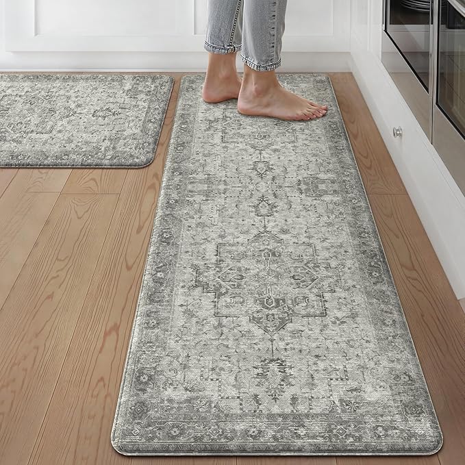 GENIMO Kitchen Mats for Floor 2PCs, Washable Anti Fatigue Mat for Cushioned, 17.3"x59"+17.3"x30", Waterproof Kitchen Rugs, Non Slip Comfort Standing Mat Rug for Home, Sink, Laundry, Stone Gray