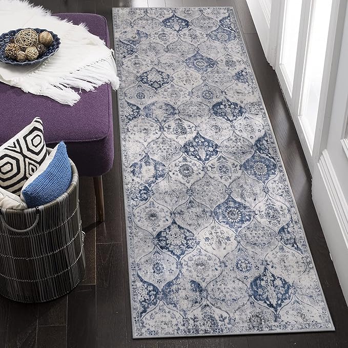 Lahome Moroccan Trellis Washable Runner Rug, 2x6 Kitchen Runners for Hallways 6 Feet Non Slip, Vintage Laundry Room Ultra-Thin Carpet for Bathroom Bedroom Entryway Elise, White/Royal Blue
