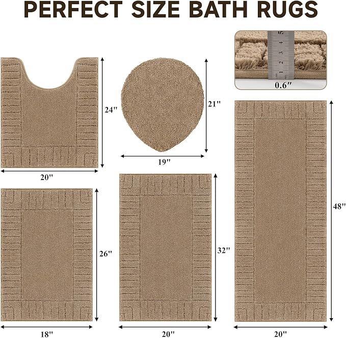 Pauwer Bathroom Rugs Set 5 Piece Non Slip Washable Bath Mat Set with U Shaped Contour Toilet Rugs Plush Absorbent Microfiber Shower Mat and Toilet Lid Cover for Bathroom, Khaki