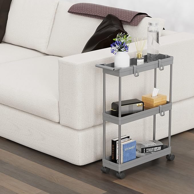 Simple Houseware 3-Tier Slim/Narrow Storage Cart with Handle, 5.5'' Wide x 27.5'' Height Rolling Organizer for Kitchen, Bathroom, Laundry Room - Grey