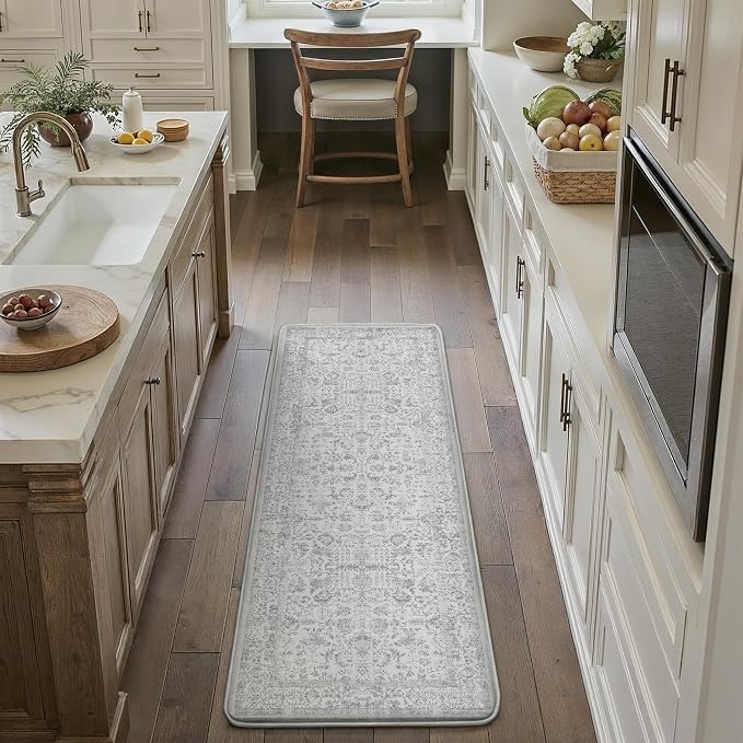 PureCozy Kitchen Mats 2PCS Anti Fatigue Cushioned Mat Gray Vintage Kitchen Mats for Floor Waterproof Non Slip Comfort Standing Grey Retro Floral Rug for Sink Laundry Office 17.3"x59"+17.3"x30"