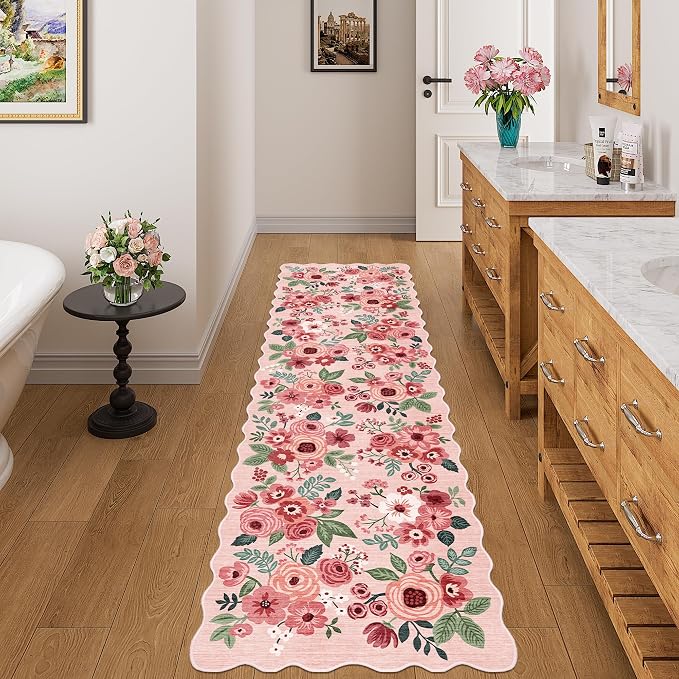 DUKINO Washable Runner Rug, 2x7 Lightweight Soft Floral Hallway Rug Runner with Low Pile Design, Non Shedding & Non Slip Backing Thin Indoor Carpet for Bedroom, Bathroom, Entrance, Kitchen, Pink