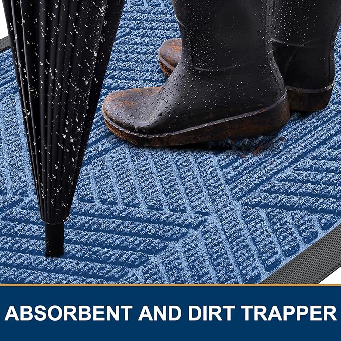 Smiry Front Door Mat Outside Entrance, Heavy Duty Sturdy Natural Rubber Doormat, Trap Dirt and Moisture, Easy Clean Low Profile Welcome Floor Mats for Indoor Outdoor Entry, 59x23 Inch, Blue