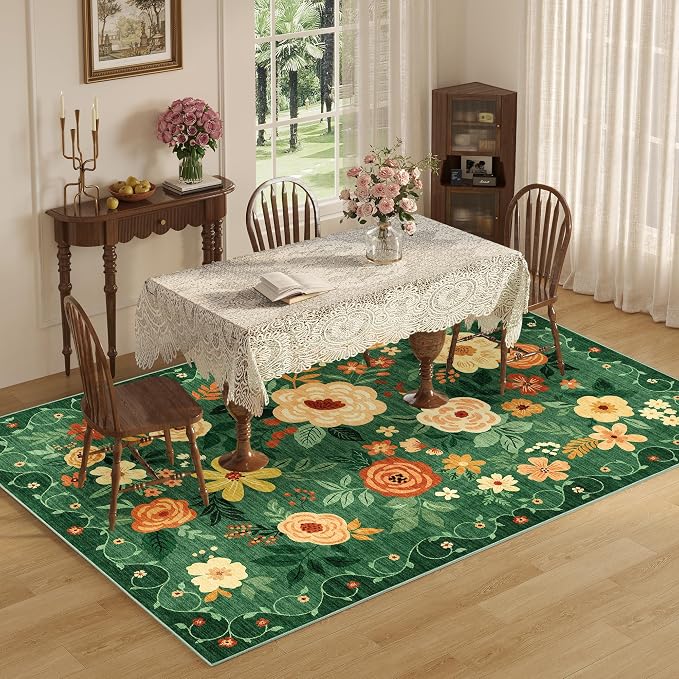 DUKINO 8x10 Area Rug, Floral Rugs for Living Room, Lightweight Non Slip Washable Rug, Indoor Low Pile & Non-Shedding Boho Design Rugs for Bedroom, Living Room, Dining Room, Dark Green