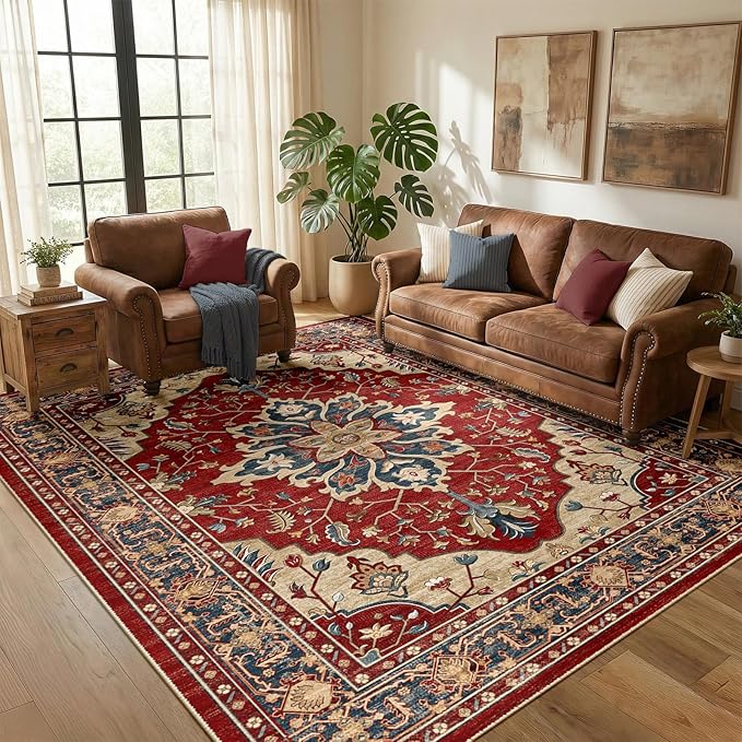 RELEANY Area Rugs 5'x8' Washable Non-Slip, Floral Vintage Distress Medallion Carpet for Living Room Bedroom Dining Room, Red Blue