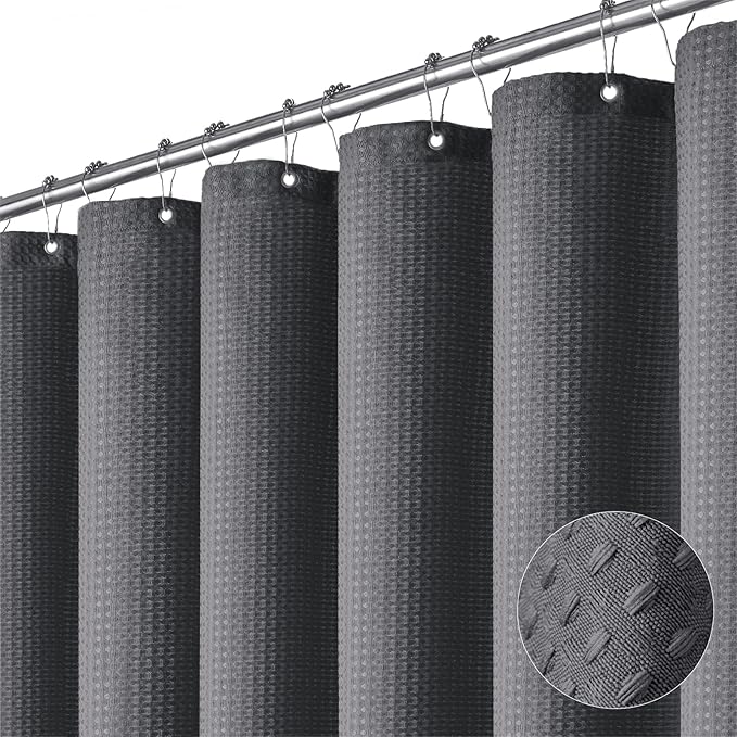 Dynamene Stall Fabric Shower Curtain - 54x78 inch Long Waffle Weave Weighted Thick Cloth Shower Curtains for Bathroom,Heavy Duty Hotel Spa Luxury Bath Curtain Set with 10 Plastic Hooks,Charcoal Grey