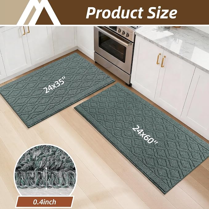 COSY HOMEER Kitchen Rugs Sets 2PCS,Non-Slip Washable Kitchen Mats for Floor,Absorbent and Stain Resistant Kitchen Runner Rugs for Kitchen Sink Laundry Entryway,24"x35"+24"x60",Heather Green