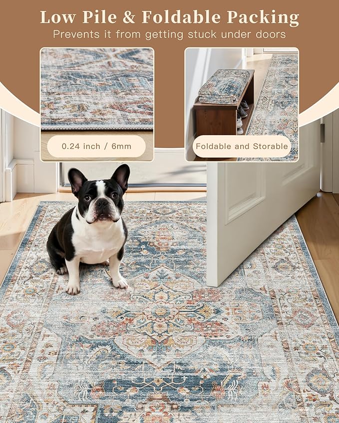 Madane Washable Runner Rug - 2x6 Rug Runners for Hallways 6 Feet Non Slip Vintage Kitchen Runner Rug Ultra-Thin Bathroom Runner Rugs Carpet Laundry Room Bedroom (2x6ft, Navy)