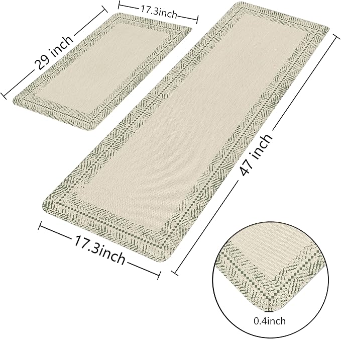 Sage Green Vintage Boho Elegance Frame Kitchen Rug Sets [2 PCs], Anti-Fatigue, Waterproof Non-Slip Kitchen Mats Heavy Duty Comfort Foam Rug for Kitchen, Floor, Laundry,17"x29"+17"x47"