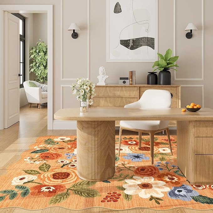 DUKINO 4x6 Area Rug, Floral Non-Slip Indoor Washable Rug with Low Pile & Non-Shedding, Lightwight Boho Design Carpet for Entryway, Bedroom, Kids Room, Living Room, Kitchen, Orange