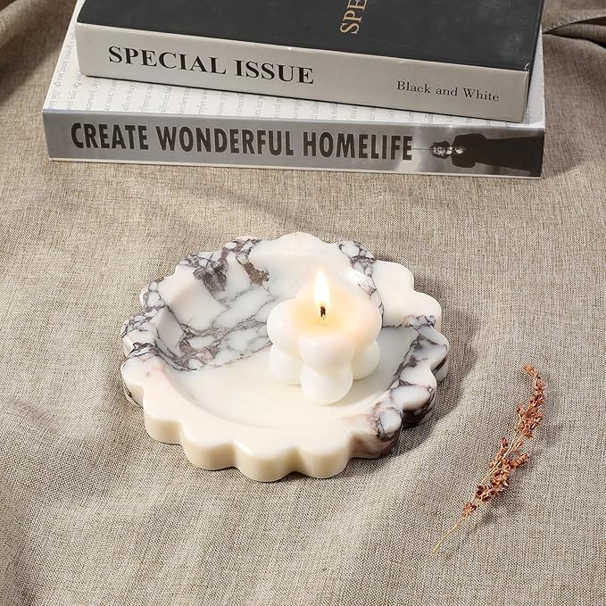 Koville 5.51" Scalloped Calacatta Viola Marble Tray, Round Stone Jewelry Trinket Dish for Ring, Natural Small Marble Tray for Bathroom Kitchen Dresser Countertop, Decorative Candle Tray