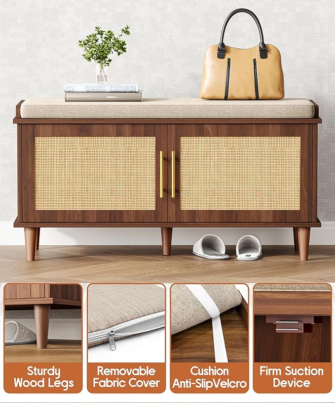 Akxomel Rattan Shoe Storage Bench with Cushion, 2-Tier Entryway Bench with Adjustable Shelves and 2 Doors, 15" D x 39.4" W x 20" H, Solid Wood Legs, for Hallway, Living Room, Bedroom, Walnut
