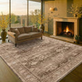 Hazo Haus Boho Brown Living Room Rug 7x9 - Vintage Traditional Eclectic Oriental Neutral Taupe, Washable Low Pile Non-Slip Extra Large Area Rugs for Dining Under Table Bedroom Lounge