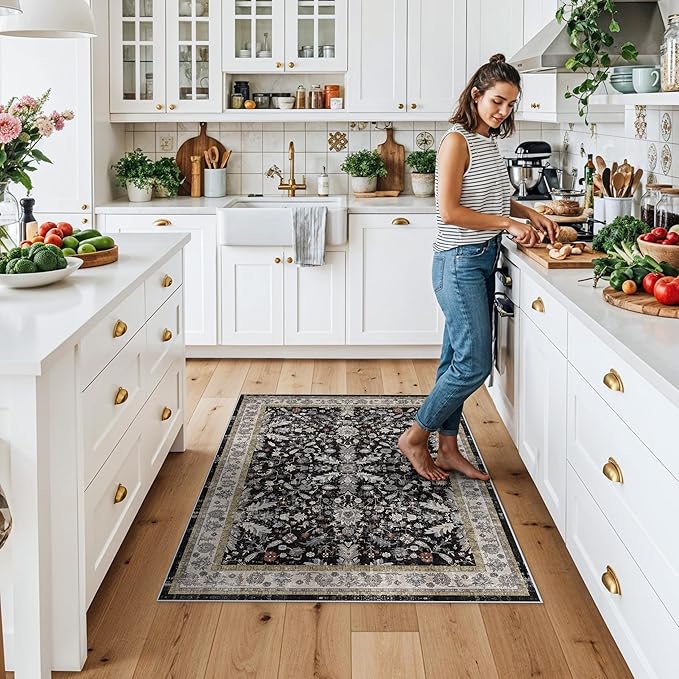 3x4 Entryway Rug Washable Non-Slip–Boho Floral Stain-Resistant Small Area Rug for Kitchen Bedroom Bathroom – Soft Low-Pile Thin Indoor Door Mat (Black,3x4)