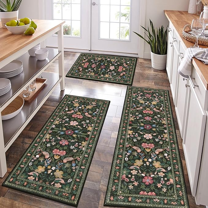 HEBE Boho Kitchen Rugs Sets of 3, Non Slip Washable Kitchen Mats for Floor, Farmhouse Kitchen Carpet Runner Rug Set for Sink, Stove, Laundry Room & Hallway