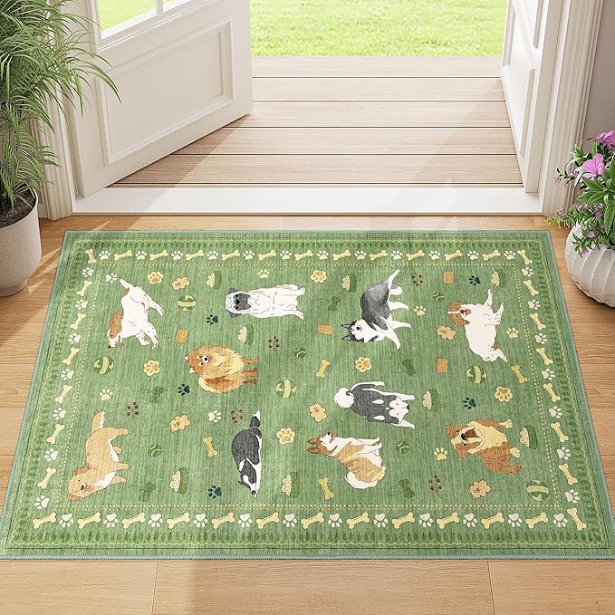 DUKINO 2x3 Entryway Rug, Washable Small Door Mat Indoor Entance Lightweight Area Rug with Non Slip, Low Pile & Non Shedding Animal Dog Throw Carpet for Kitchen, Bathroom, Bedroom, Kids Room, Green