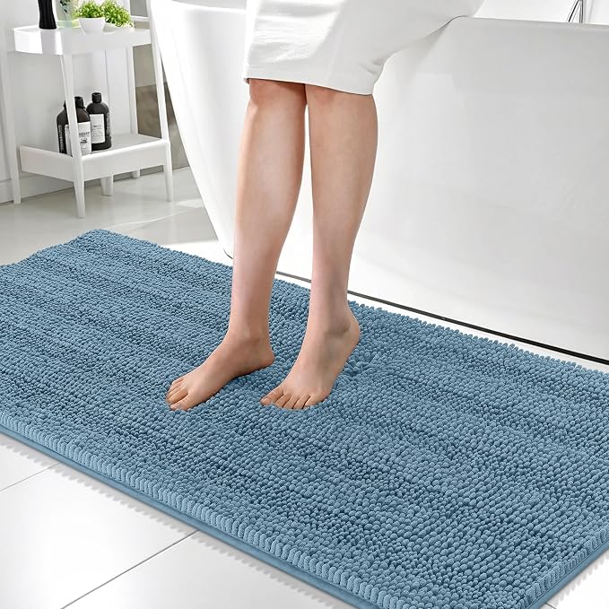 OLANLY Thick Bathroom Runner Rugs 59x24, Absorbent Chenille Striped Bath Rugs, Rubber Backing, Machine Wash, Extra Long Bath Mats for Bathroom Floor, Tub and Shower, Home Decor Accessories, Airy Blue