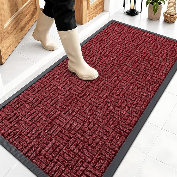 OLANLY Front Door Mat Outside Entrance 47x23, Absorbent, Heavy Duty Sturdy Natural Rubber Doormat Indoor Outdoor, Non-Slip, Stain and Fade Resistant, Low Profile Floor Mat for Entryway, Black Red