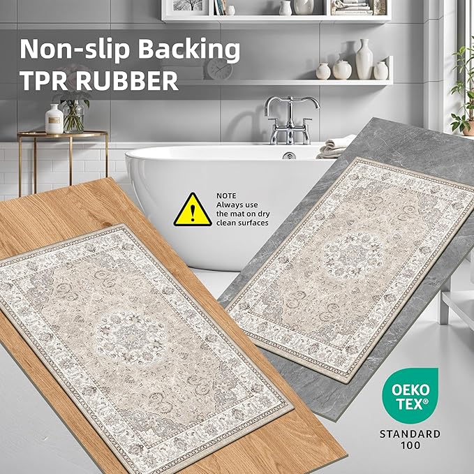 2-Piece Kitchen Runner Rug Set: Washable Non-Slip Floor Mats for Sink & Stove Cooking Area Soft Low Pile Water-Resistant Carpet for Dishwasher Fridge Fronts Durable Kitchen Island Mats(2x3+2x4,Beige)
