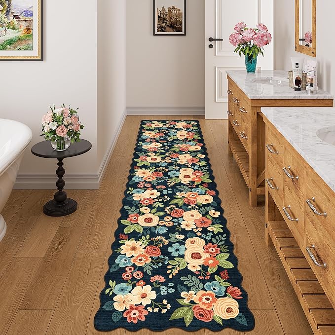 DUKINO 2x8 Washable Runner Rug, Lightweight Soft Floral Hallway Rug Runner with Low Pile Design, Non Shedding & Non Slip Backing Thin Indoor Carpet for Bedroom, Bathroom, Entrance, Kitchen, Navy Blue