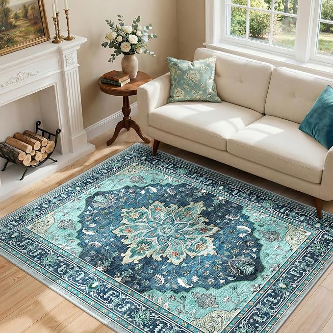 RELEANY Area Rugs 4'x6' Washable Non-Slip, Floral Vintage Distress Medallion Carpet for Living Room Bedroom Dining Room, Teal Green Lake Blue Turquoise