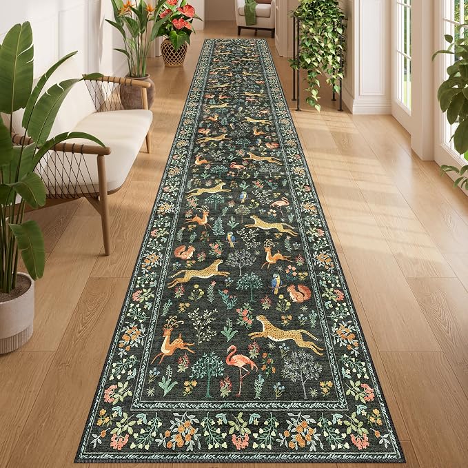 DUKINO 2x14 Runner Rug for Hallway, Vintage Non Slip Long Kitchen Rug with Washable Design, Soft Low Pile Animal Print Indoor Carpet for Hallway, Kitchen, Bathroom, Laundry, Black